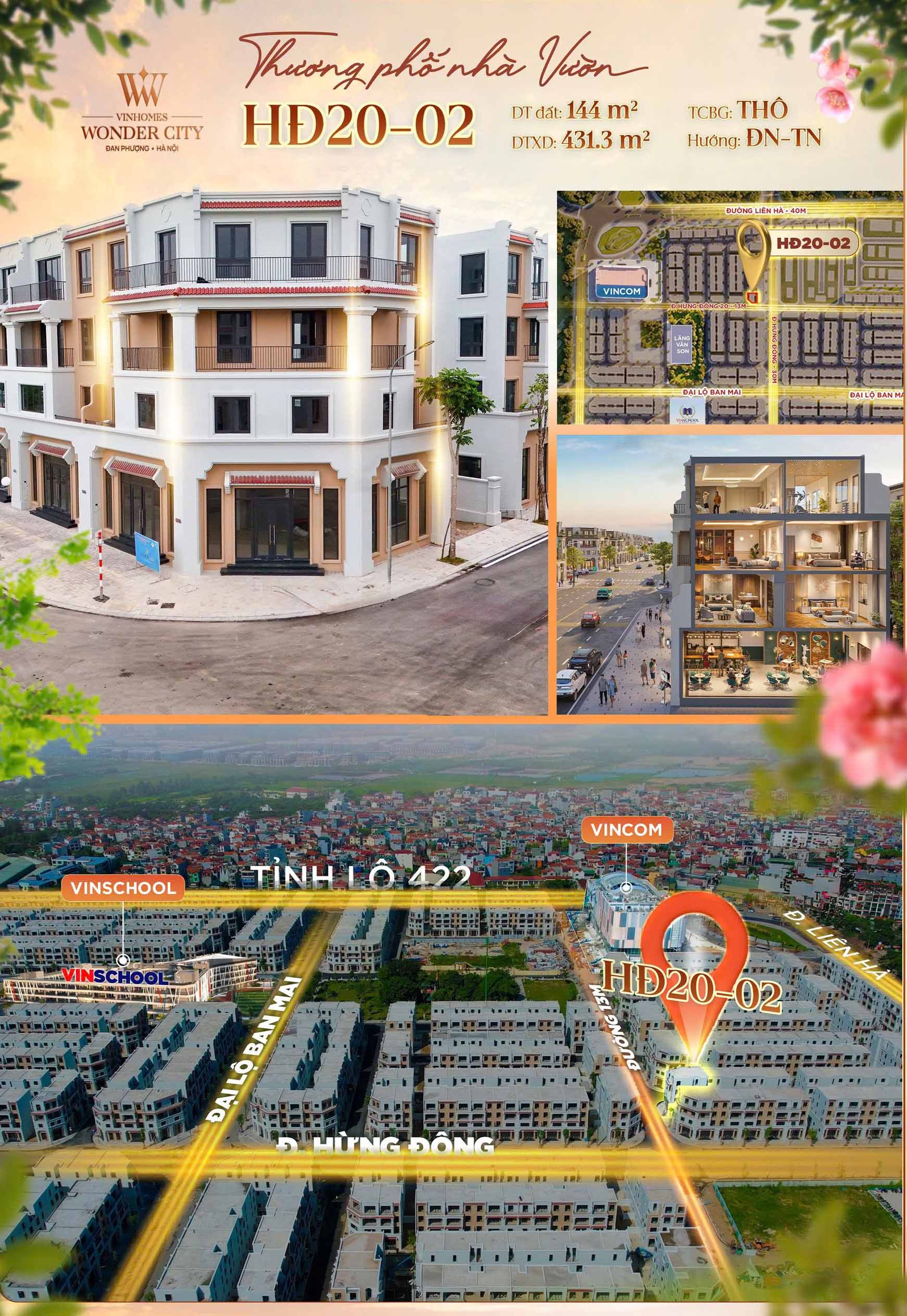 Bán gấp liền kề Góc đẹp nhất Vinhomes Đan Phượng HĐ20-02: 144m2, ngay gần Vincom