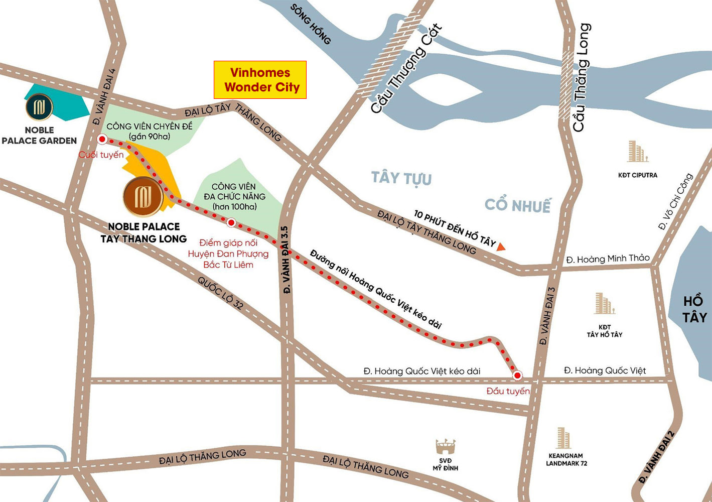 Đường Hoàng Quốc Việt kéo dài nằm tại phía nam của Vinhomes Đan Phượng