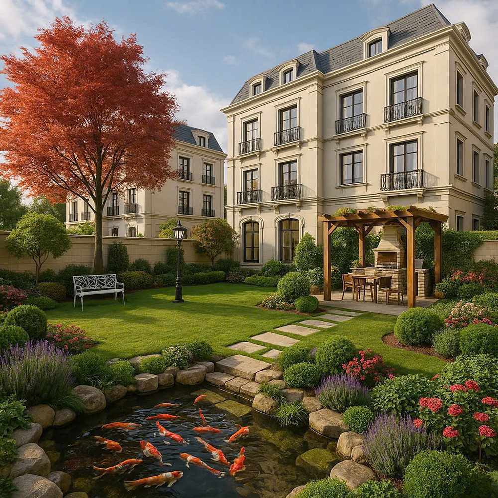 Vườn sau nhà, biệt thự kiến trúc pháp Vinhomes Wonder City Đan Phượng